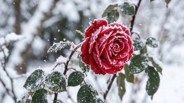 A single red rose covered in frost and snow during winter.