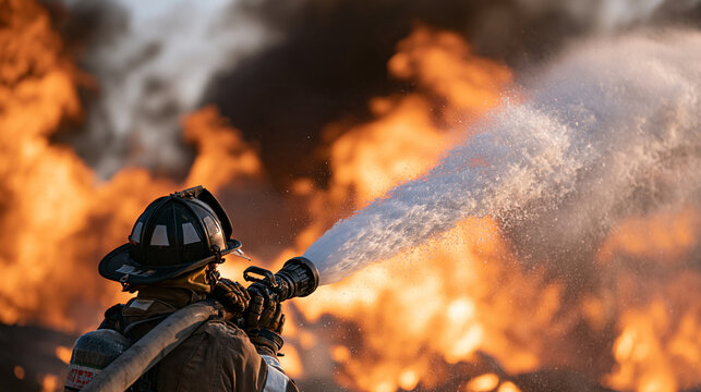 Back view of a helmeted firefighter spraying an active blaze