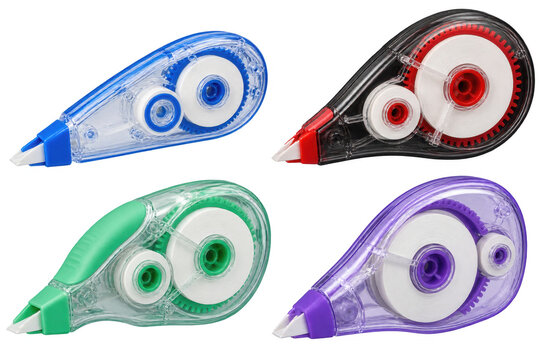 Four correction tape dispensers in blue, black, green, and purple colors, arranged in a 2x2 grid , transparent background, AI generative