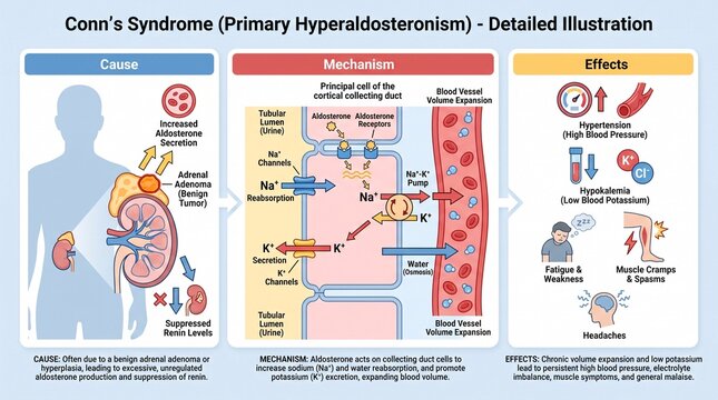 Medical infographic explaining conn syndrome and hyperaldosteronism