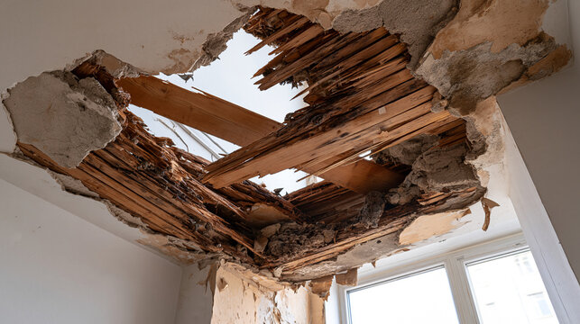 Jagged opening in a damaged roof exposes splintered wood