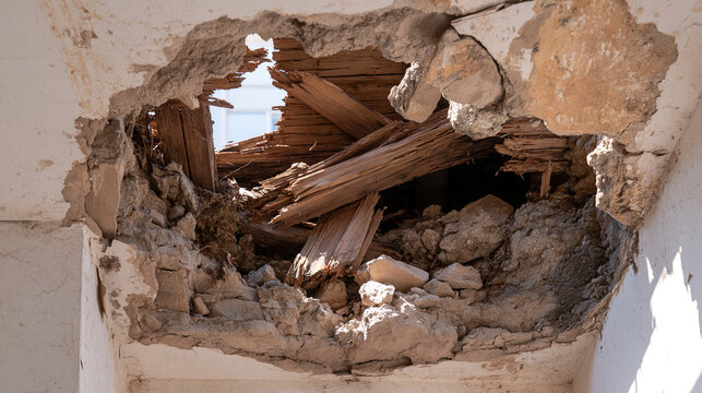 Collapsed plaster surrounds an exposed section of ceiling joists