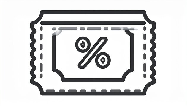 A minimalist black and white line art icon depicts a discount coupon with a percentage.