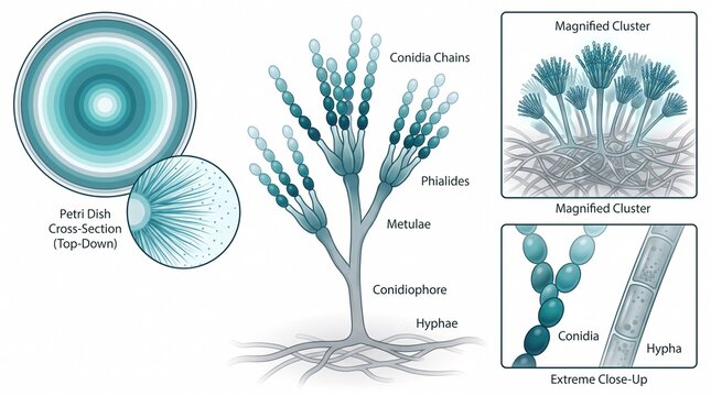 Anatomy of penicillium mold fungus with microscopic structure details