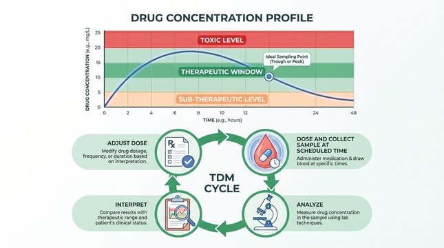 Therapeutic drug monitoring infographic and concentration graph