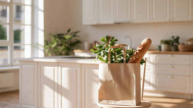 A paper grocery bag with bread and greens rests in a white kitchen