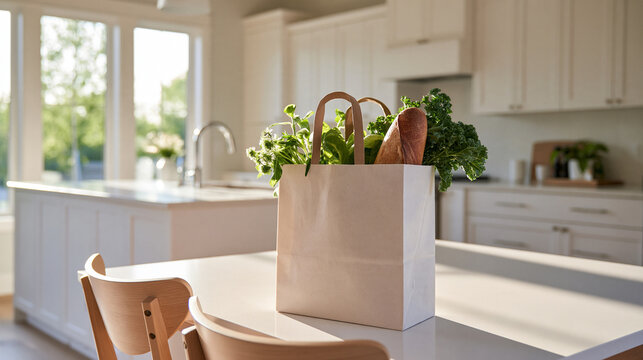 Fresh vegetables peek from a shopping bag on a dining chair