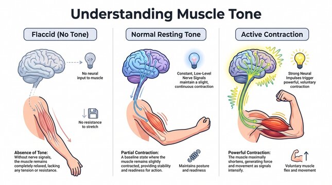 Medical infographic explaining muscle tone stages and nerve signals