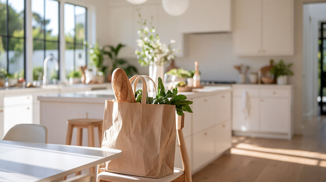 A bag of groceries sits on a table in a sunlit kitchen