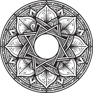 Intricate black and white mandala pattern with a central star shape and symmetrical floral petals, isolated on a clean white background
