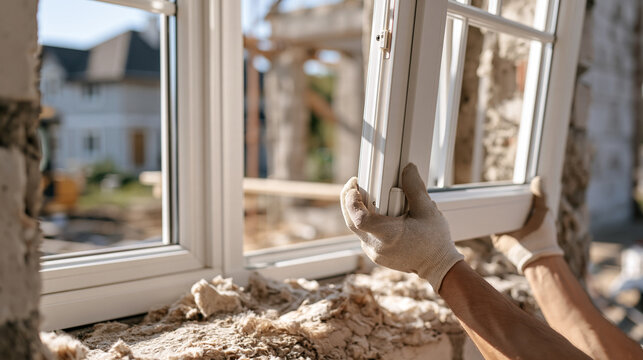 A replacement window is positioned within a stone facade