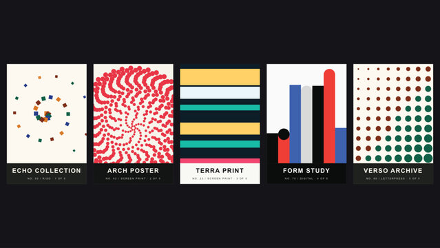 Echo collection, arch poster, terra print, form study, and verso archive, a set of five geometric posters on a dark background display