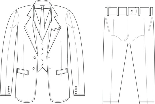 formal suit technical flat sketch front garment illustration, menswear apparel design with jacket vest trousers, clothing construction drawing