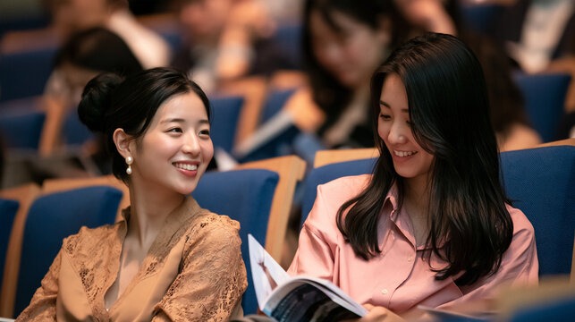 Two young Asian female attendees looking at a event brochure in a theater
