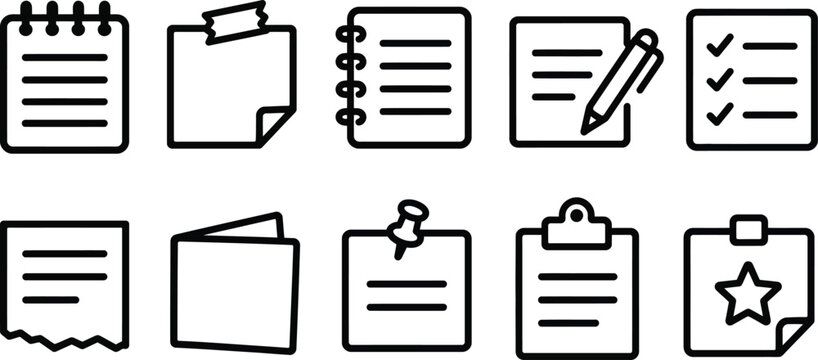 Collection of hand drawn note paper and checklist icons in black and white