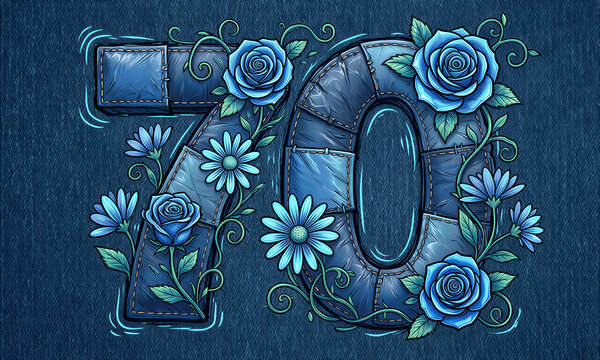 A birthday illustration of the number 70 with blue flowers and denim texture.