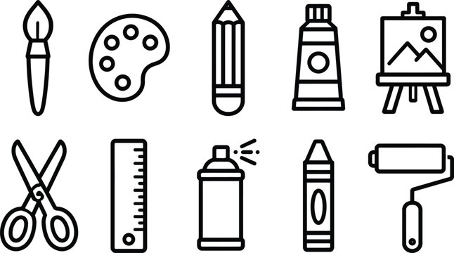Collection of artistic tools and supplies in a simple black and white line art style