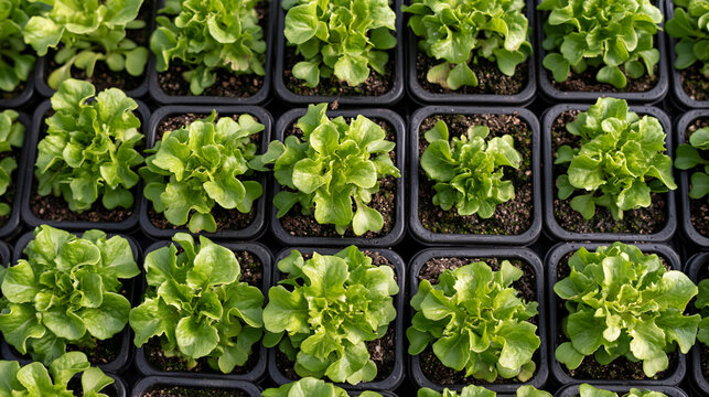 Close overhead pattern of lettuce rosettes in soil pots