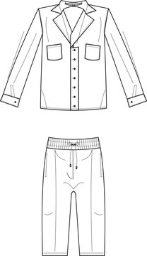 long sleeve button shirt and pants technical flat sketch front and back garment illustration, fashion apparel design with lapel collar and drawstring waistband, clothing construction drawing