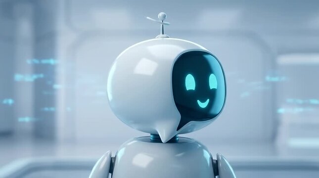 Small white robot smiling and turning head