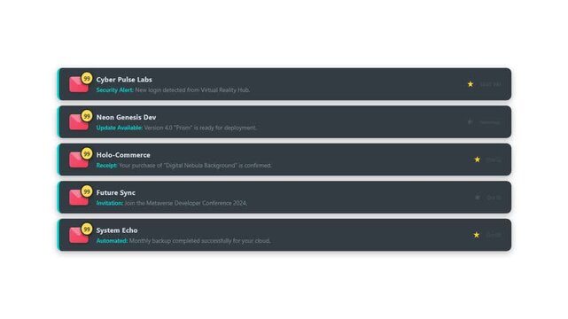 Futuristic tech notification inbox UI animation featuring security alerts, software updates, e-commerce receipts, and cloud backup messages on a clean dark background for modern app design.
