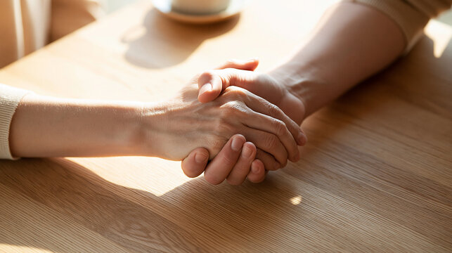 A hand offers reassurance to another over a warm tabletop