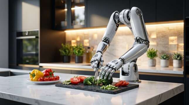 Advanced robotic arm preparing fresh vegetables on a cutting board in a modern kitchen.