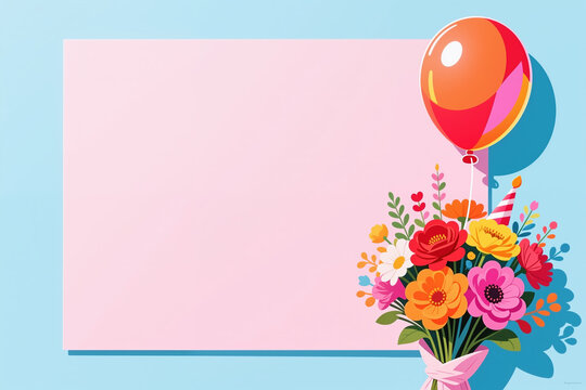 Vibrant bouquet with a balloon on a pastel blue background, perfect for a birthday or celebration, in a playful flat design style.
