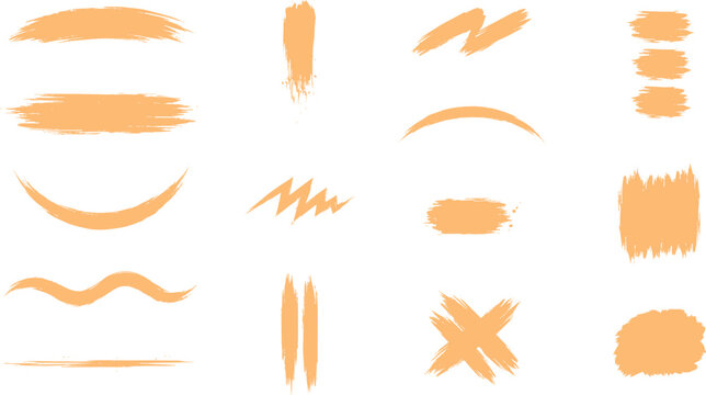 Assorted orange brush strokes and paint marks collection featuring various shapes, lines, crosses, and textures on a white background