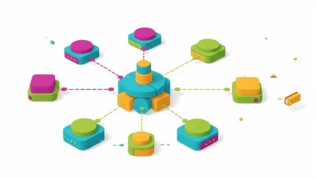 3D illustration showing central hub connecting to various micro-frontend modules with dotted lines on white background representing modular software architecture and network connectivity