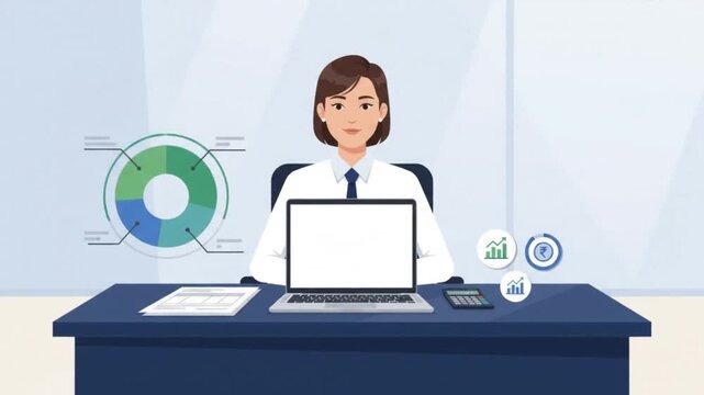 Animated businesswoman working at desk with laptop, financial charts, and growing bar graph in a modern office
