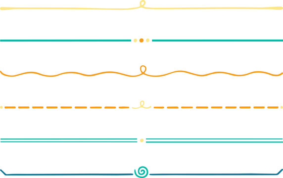Collection of colorful hand drawn text dividers and decorative line in yellow and teal on a white background, for page decoration