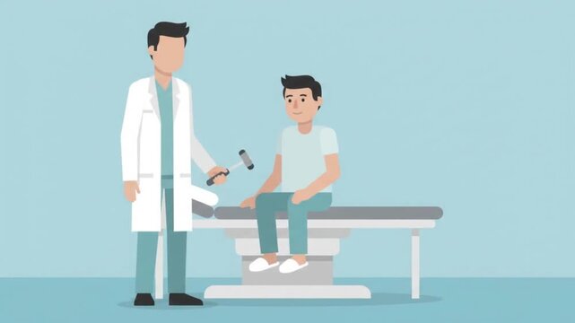 Animated doctor examining a male patient sitting on an examination table in a clinic