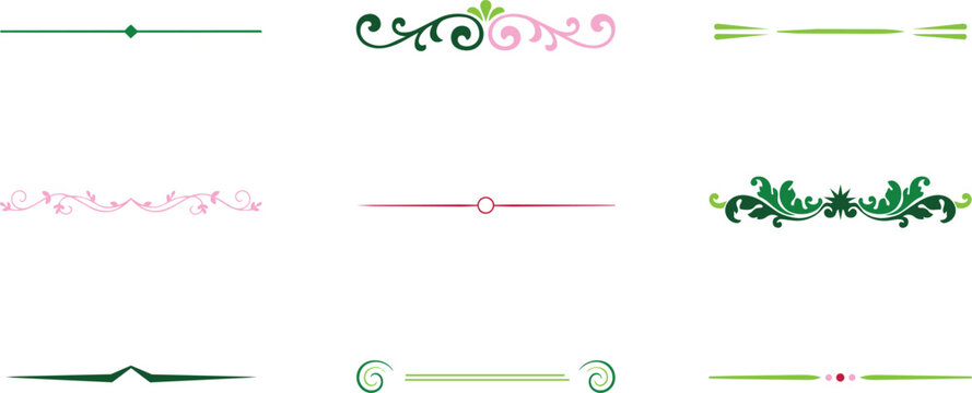 Collection of decorative green and pink floral text dividers and borders isolated on a white background, for page layout, and formatting
