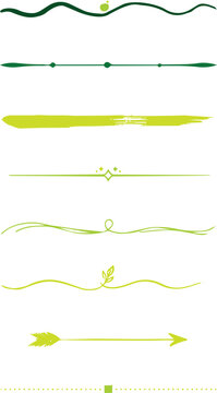 Collection of green nature inspired text dividers with leaves, arrows, and brush strokes isolated on a white background, for page decoration