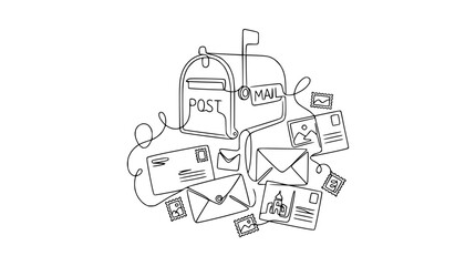 Fototapeta premium Isolated Mailbox with Letters and Postcards, Continuous Line Drawing
