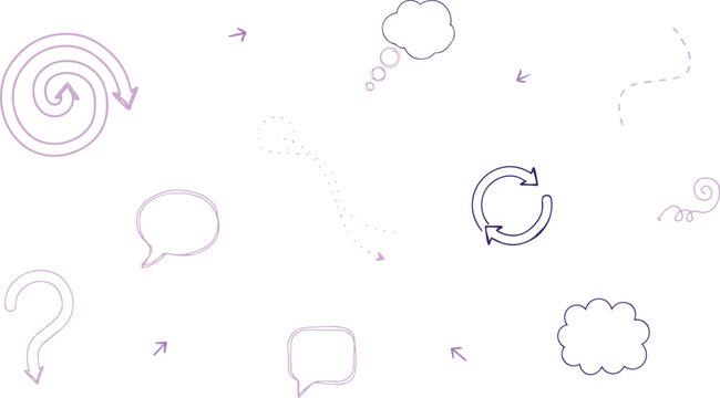 Collection of hand-drawn purple doodle including speech bubbles, thought clouds, spiral arrows, and various curved line paths