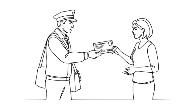 Postman delivering mail to woman, isolated on transparent background