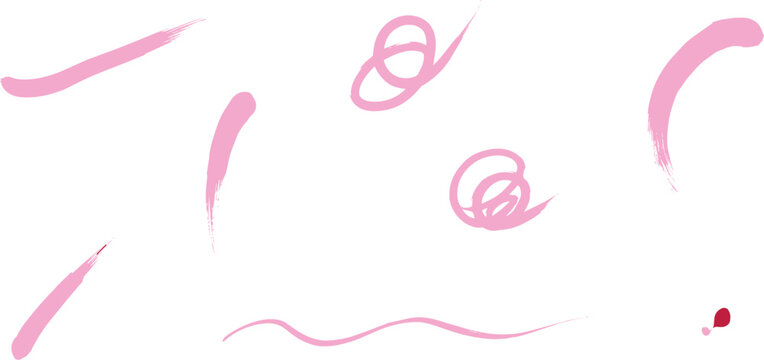 Collection of hand-drawn pink brush strokes and abstract scribbles on a white background, for text highlighting, and decoration