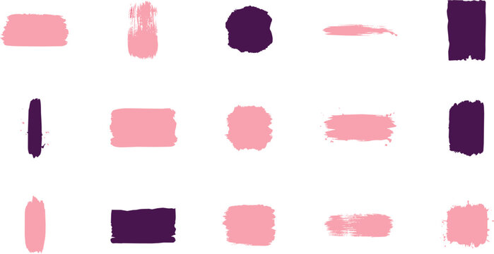 Collection of pink and dark purple brush stroke shapes and squares isolated on a white background, for artistic projects