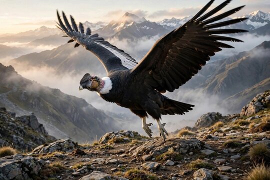 Massive Andean Condor Launching Flight Over Rocky Mountain Plateau Landscape