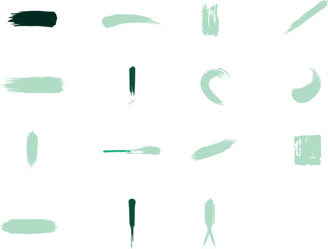 Collection of sixteen mint green and dark green brush strokes, shapes, and lines, isolated on a white background, for use