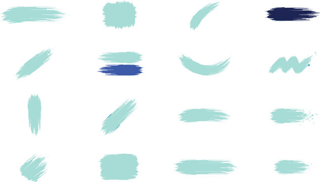 Collection of various teal and dark blue watercolor brush strokes and paint splatters isolated on a white background for