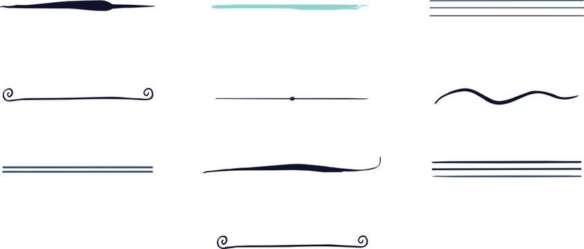 Set of dark blue hand-drawn text dividers and underline strokes isolated on a white background, for document formatting, and decoration
