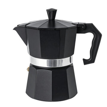 Black Octagonal Moka Pot with Silver Band and Handle on Green Background