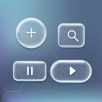 Set of four transparent glass effect UI buttons with plus, search, pause and play icons on a blue gradient background with a hexagonal pattern. Vector interface elements.