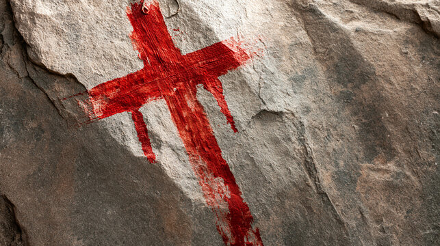 Christian cross painted with red blood on stone background. Copy space. Good friday. Passion, crucifixion of Jesus Christ. Christian Easter holiday. Crucifix, gospel, salvation concept. 
