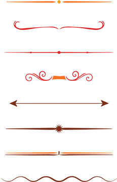 Set of red and orange decorative line dividers and separators with flourishes and arrows isolated on a white background for