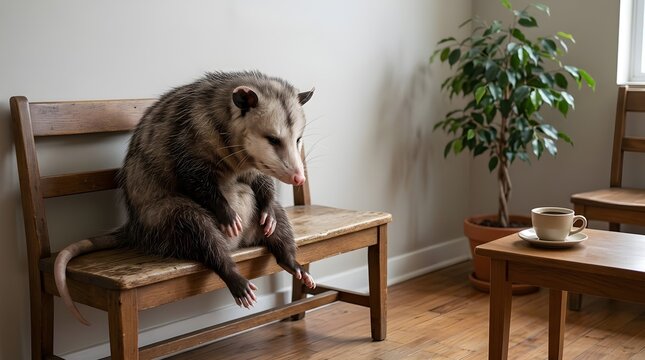 Sleepy Opossum Taking a Coffee Break on a Wooden Bench