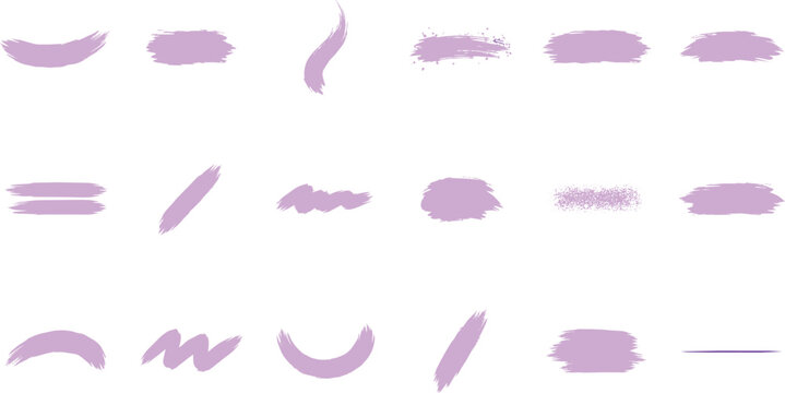 Set of various light purple hand-drawn brush strokes and paint patches isolated on a white background, for and decoration